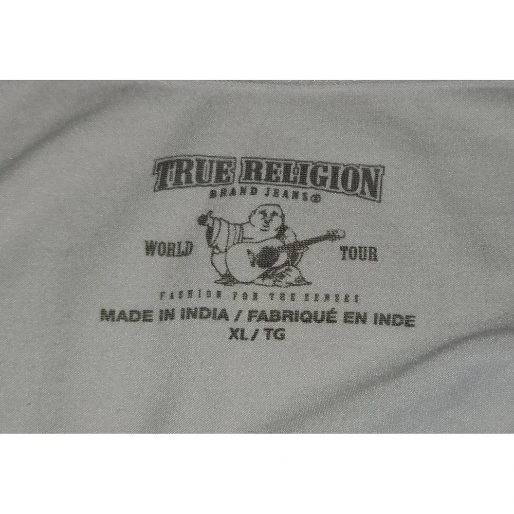 True Religion Womens L White Deep V-Neck Gold Sequin Block Logo‎ Graphic Tee